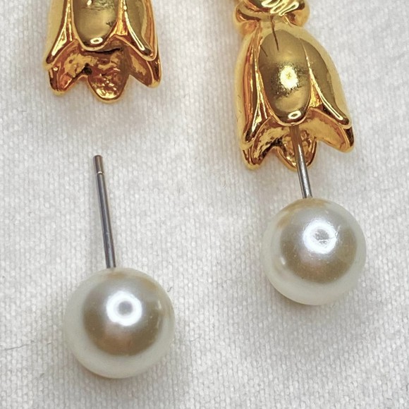 Three In One Earrings Gold Tone Tops With Detachable Faux Pearl Studs - Picture 4 of 14